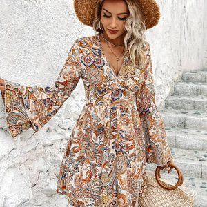 Casual Paisley Print Double Flare Sleeve Fashion Summer Loose Bohemian Dress